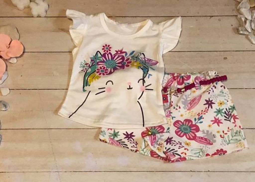 CONJUNTO 2 PZAS NIÑA GATITA CON DIADEMA DE FLORES FISHUA