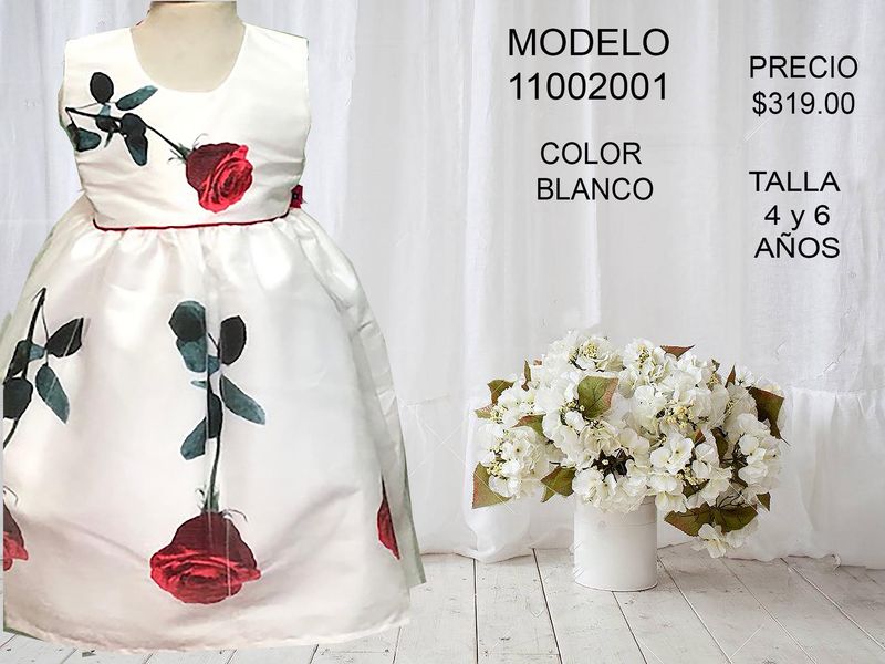 VESTIDO C/ROSAS Y TUL, BLANCO