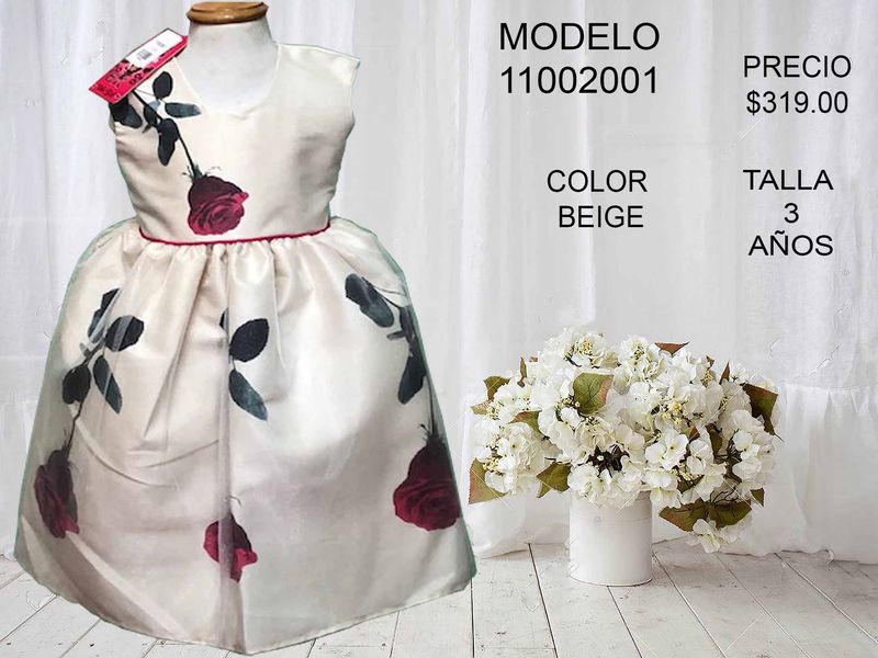 VESTIDO C/ROSAS Y TUL BEIGE