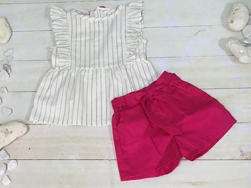CONJUNTO 2PZ BLUSA RAYAS ESCAROLAS, SHORT FUSHIA