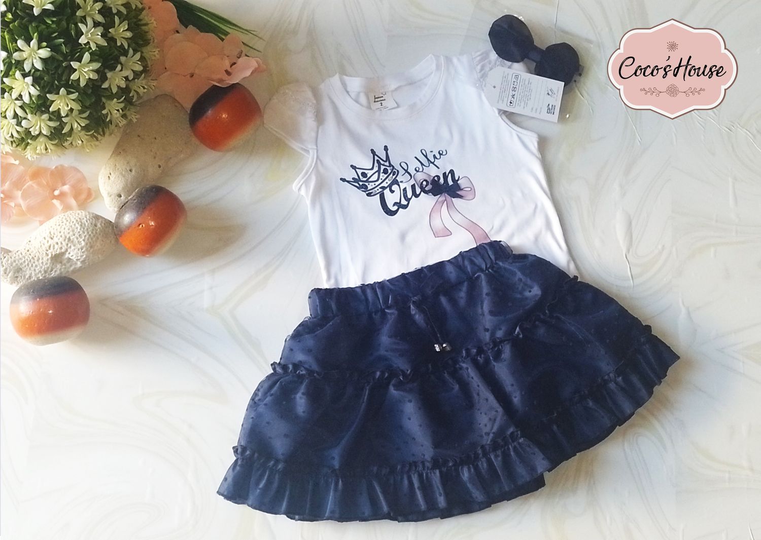 CONJUNTO. 2 PZAS BLUSA Y FALDA OLANES AZUL