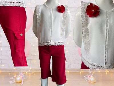 CONJUNTO  DE 2 PZAS PANTALON CAPRI EN ROJO CON BLUSA CON TIRA BORDADA