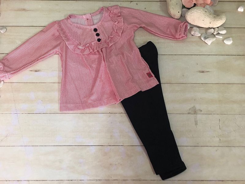 CONJUNTO 3 PZAS NIÑA BOTONES ESCAROLA PETO ROJO