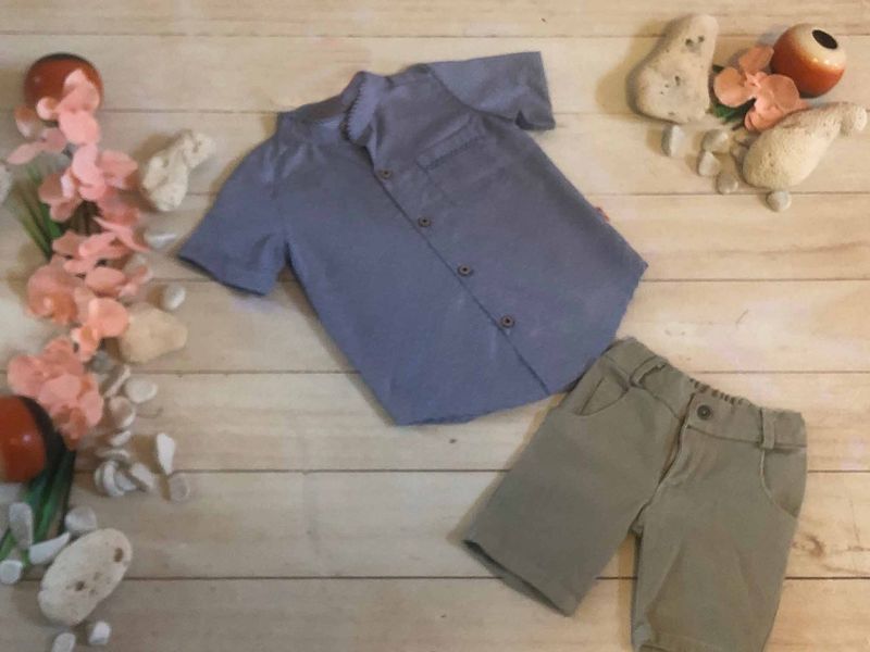 CONJUNTO 2PZ BOLSA Y CUELLO VISTAS CAMISA AZUL SHORT BEIGE