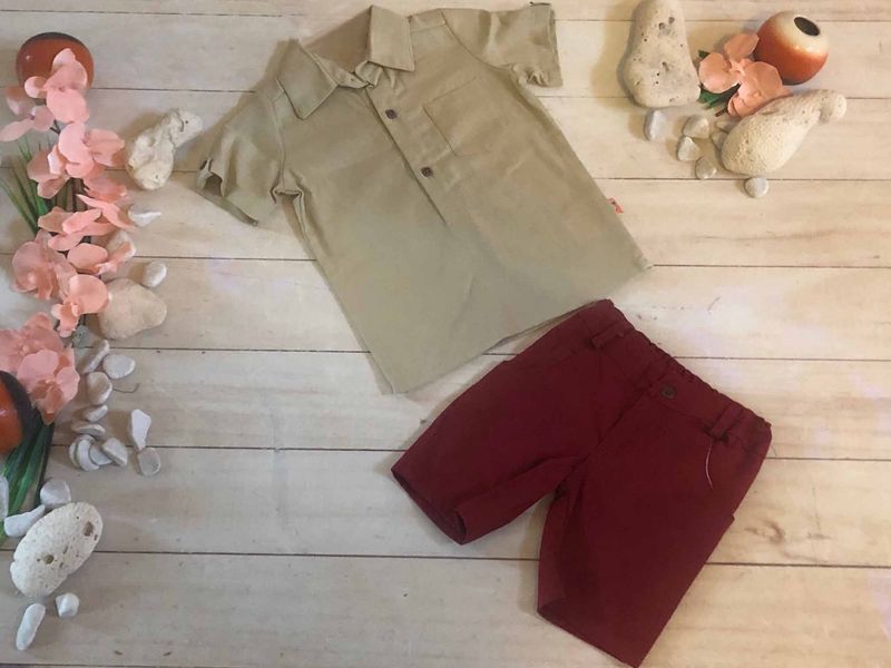 CONJUNTO 2PZ CAMISA BEIGE CUELLO POLO