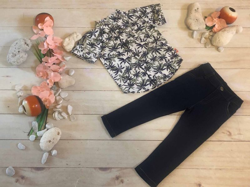 CONJUNTO 2PZ ÑO CAMISA PALMERAS NEGRA CON VERDE
