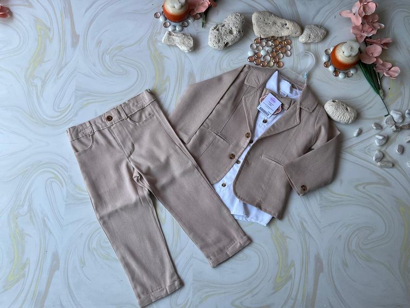 CONJUNTO 3 PZAS CEREMONIA BEIGE CON SACO EN LINO