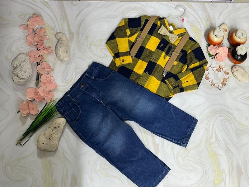 CONJUNTO NIÑO CAMISA FRANELA AMARILLA CON PANTALON DE MEZCLILLA