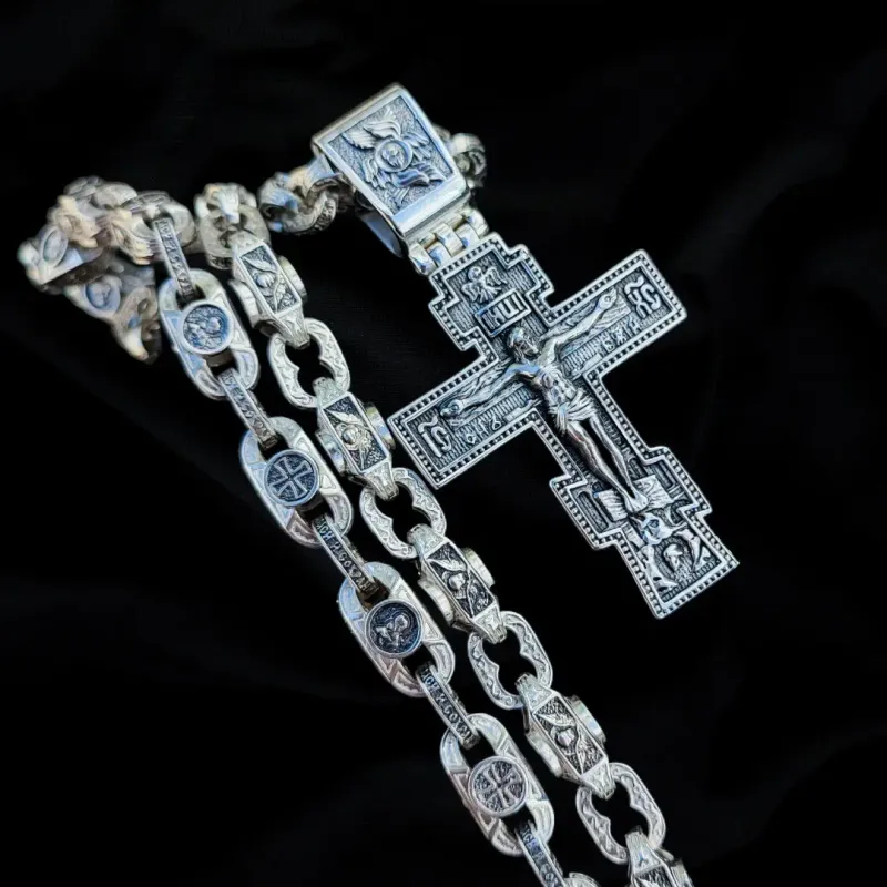 Orthodoxe Silberkette mit Kreuz Goethe-Stil 925er Silber massiv 8 mm Breite