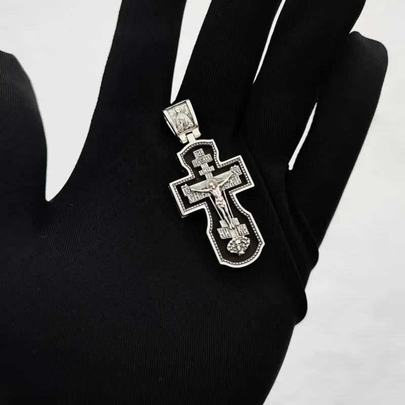 Orthodoxes Kreuz aus 925er Silber mit Vergoldung & Holzeinlage | 5,3 cm Länge
