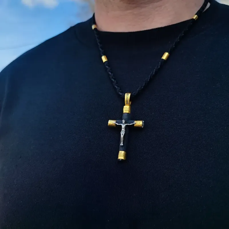 Orthodoxes Kreuz aus 925er Silber  mit Vergoldung & Holzeinlage 6cm Länge