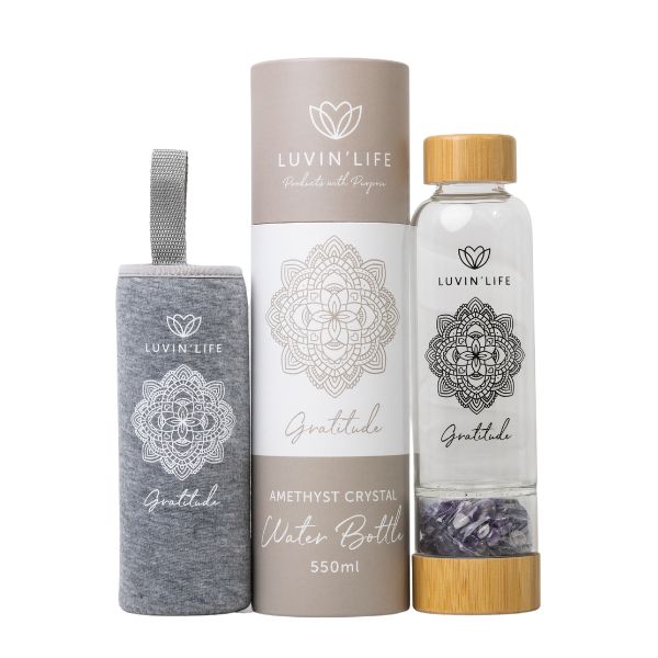 Water Bottle Amethyst Crystals &amp; Bamboo &#39;Gratitude&#39; 550ml