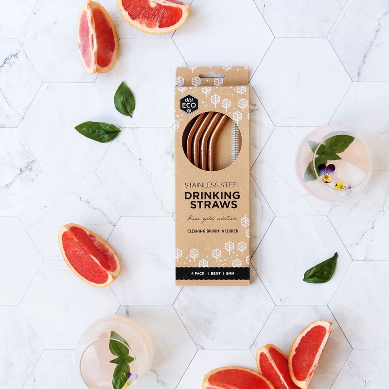 Stainless Steel Drinking Straws Rose Gold Bent 4 Pack