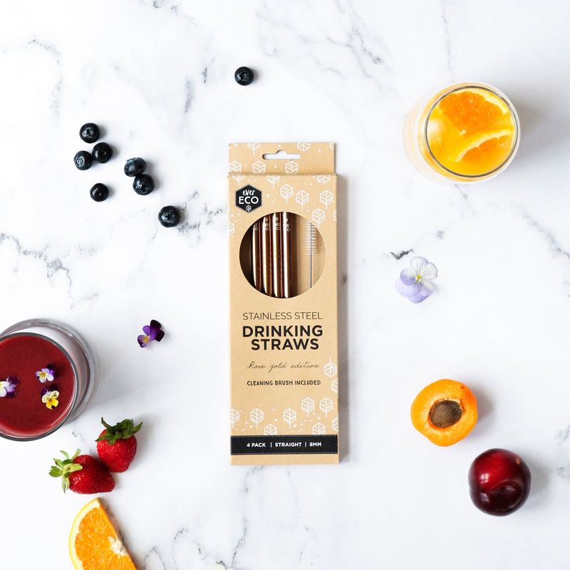 Stainless Steel Drinking Straws Rose Gold Straight 4 Pack