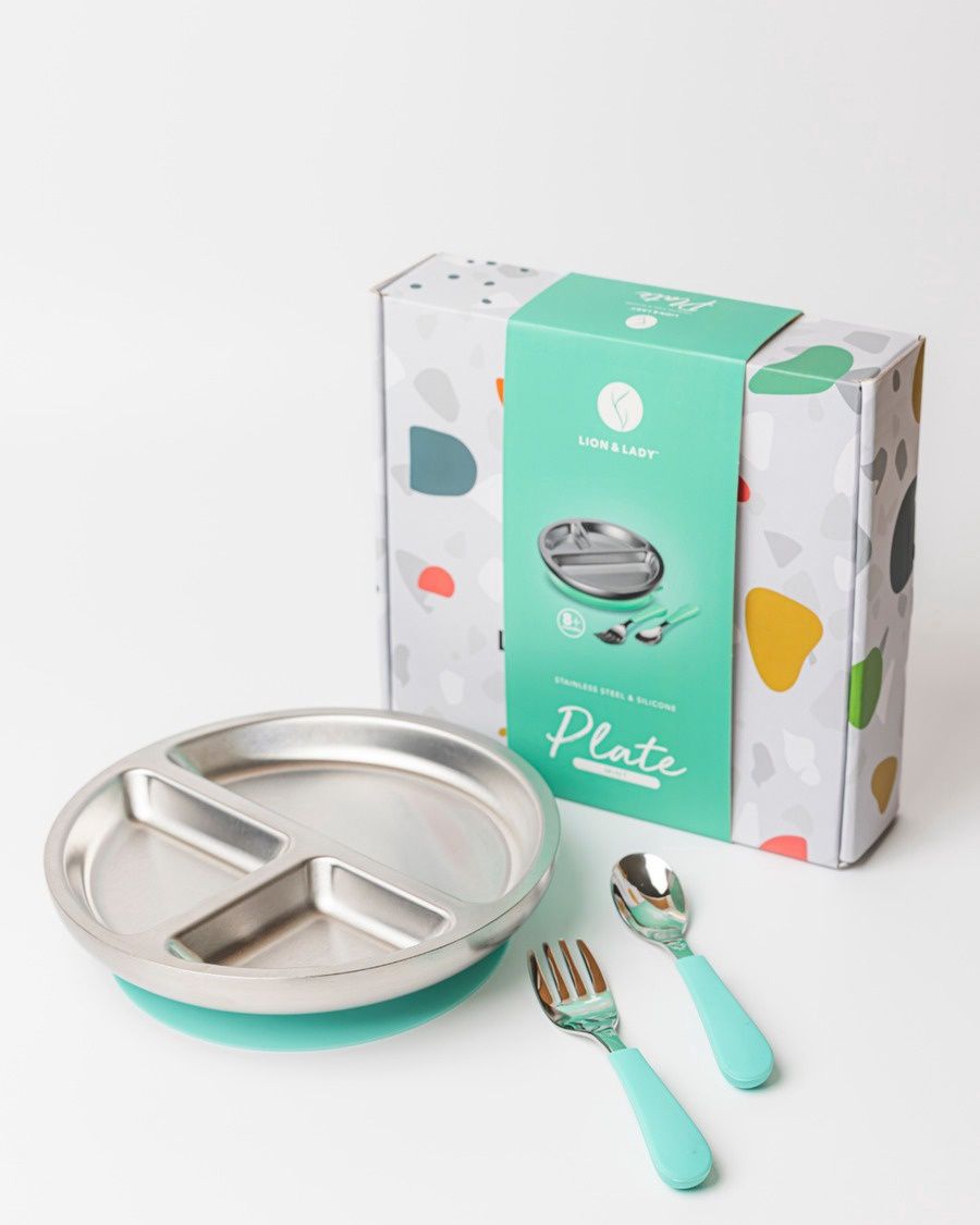 Toddler plate, suction base, spoon &amp; fork Stainless Steel &amp; Silicone