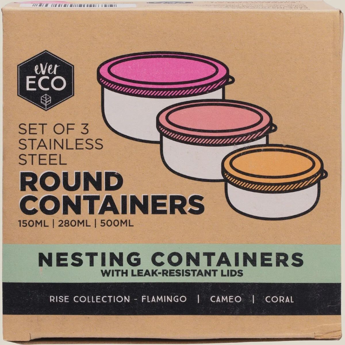 Stainless Steel Round Containers Leak Resistant 3pk, Colour: Rise
