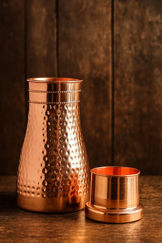 Handcrafted Copper Hammered Bedroom Bottle with Glass 950ml