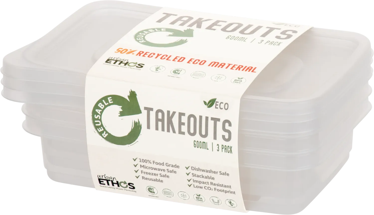 Reusable 600mL Rectangle Container 3 Pack