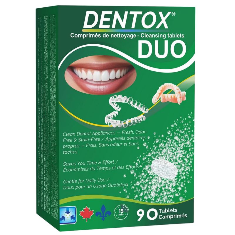 Aligner Retainer Cleaner | Cleaning Tablet by Dentox DUO | 3 Minute Stain &amp; Odor Remover, Kills 99.9% of Bacteria | Compatible with Composite, Acrylic, Metal, Denture, Night Guard, Mouth Guard | 90 Co