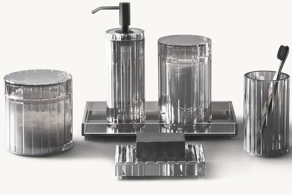 Beveled Crystal Bath Accessories - Smoke with Polished Brass accents