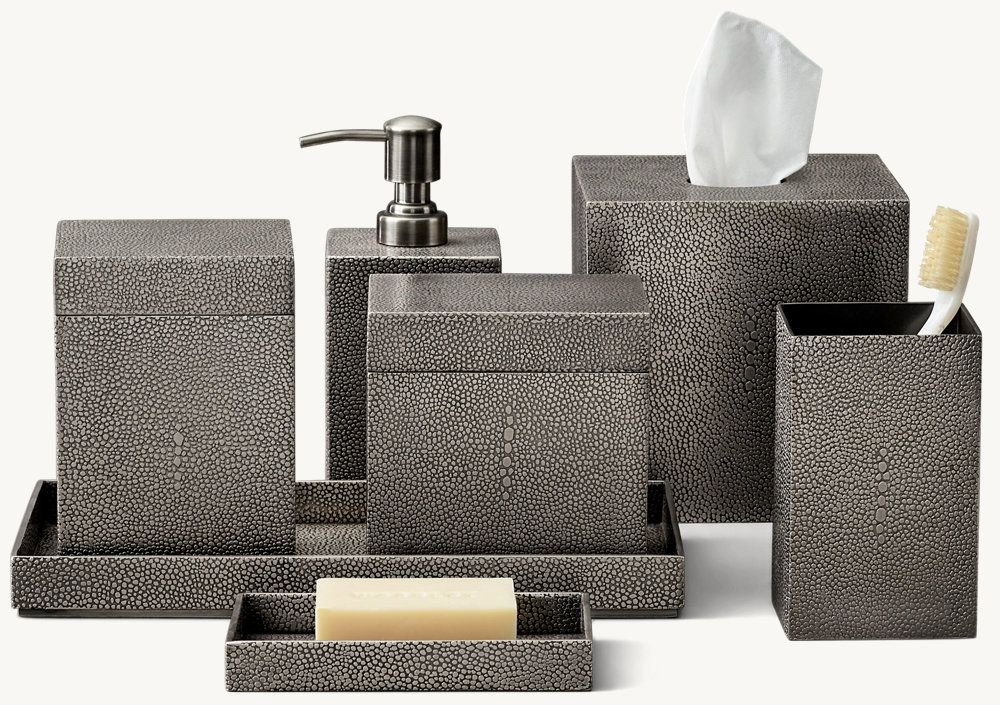 METAL SHAGREEN BATH ACCESSORIES 6-Piece -Pewter Shagreen