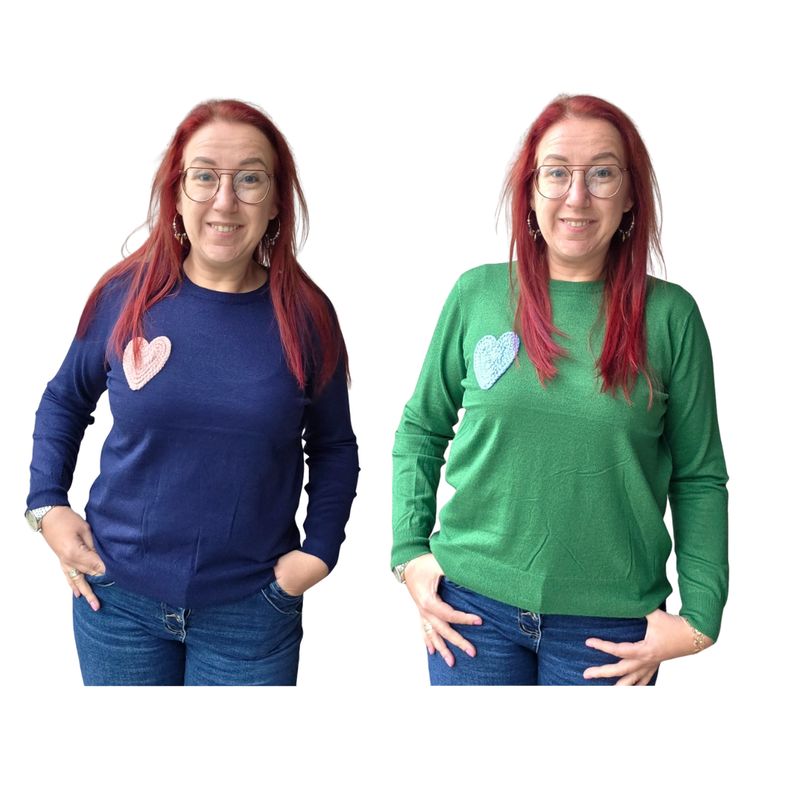 Trui Ines - zacht dun gebreid met gehaakt hart Trui Ines - zacht dun gebreid met gehaakt hart