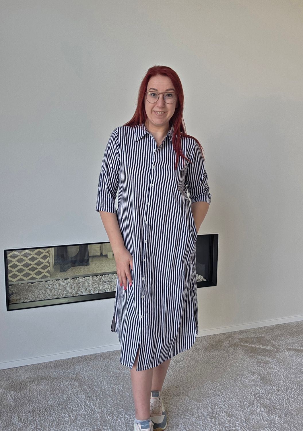Jurk Marina - navy gestreepte doorknoop Jurk Marina - navy gestreepte doorknoop