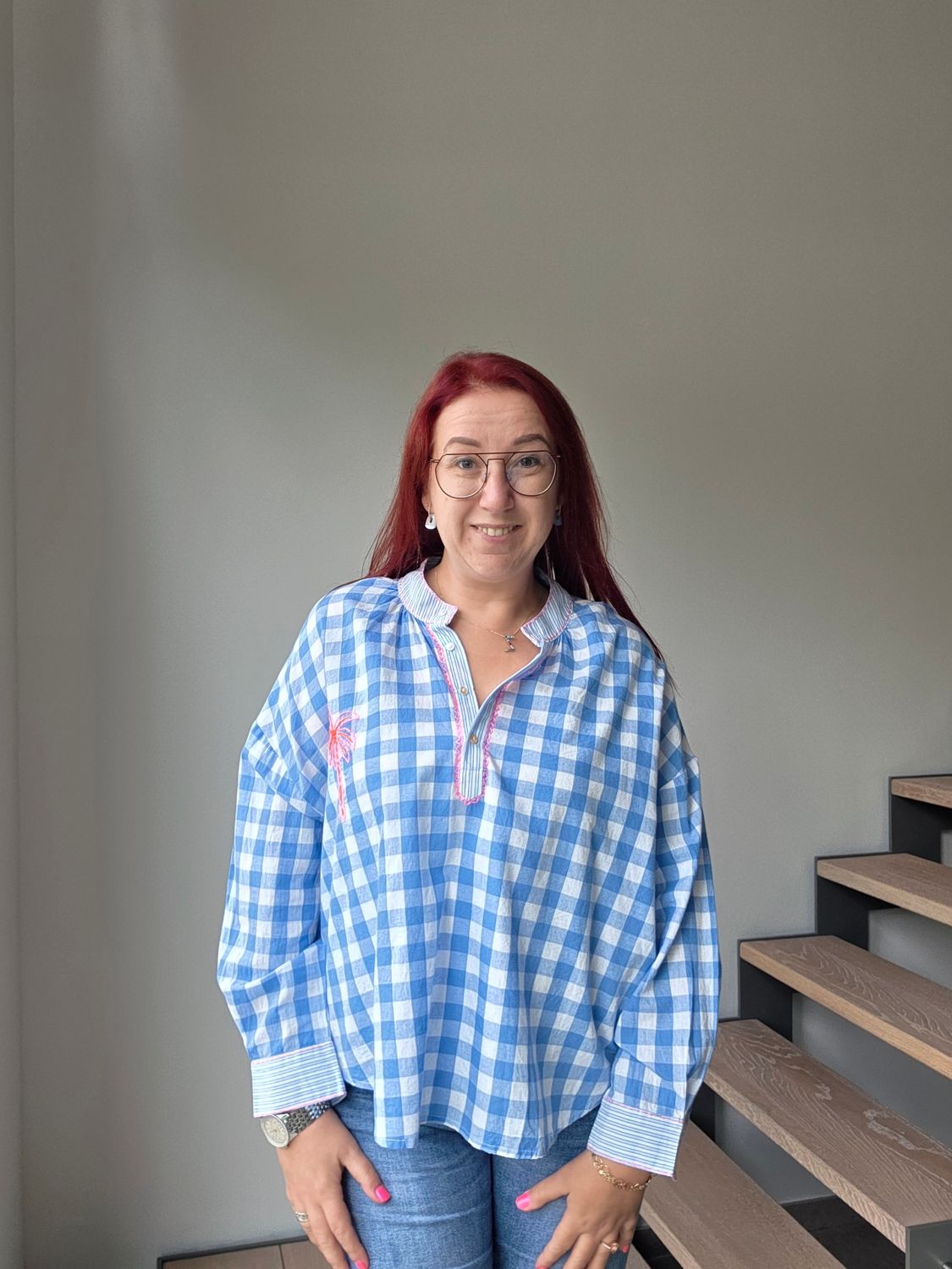 Hemd Shirley - geruit met palmboom detail Hemd Shirley - geruit met palmboom detail