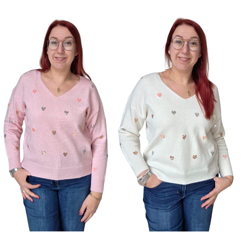 Trui Bieke - dun gebreid met pailletten hartjes Trui Bieke - dun gebreid met pailletten hartjes