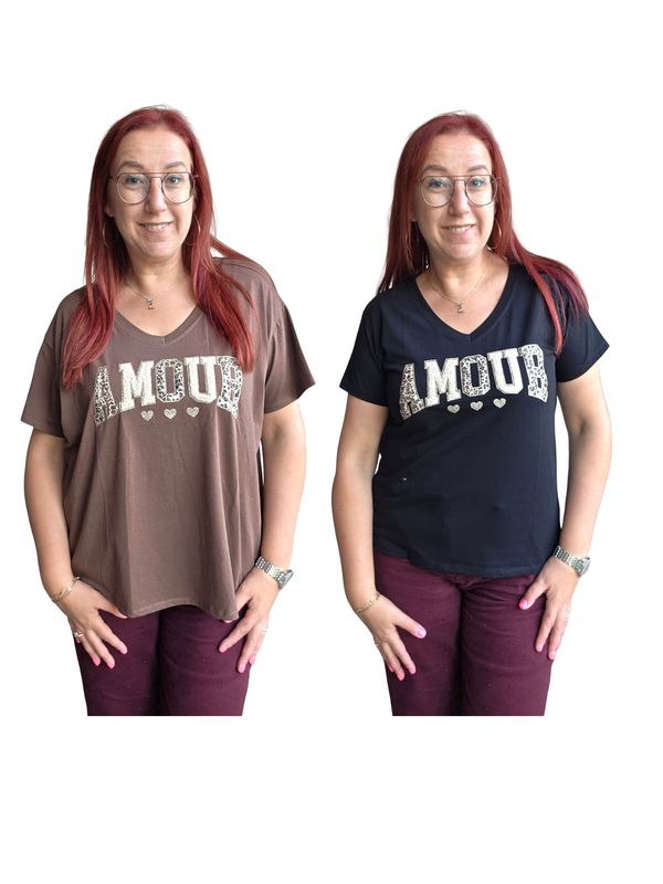 Shirt Amélie - opdruk amour in stof en panter letters Shirt Amélie - opdruk amour in stof en panter letters