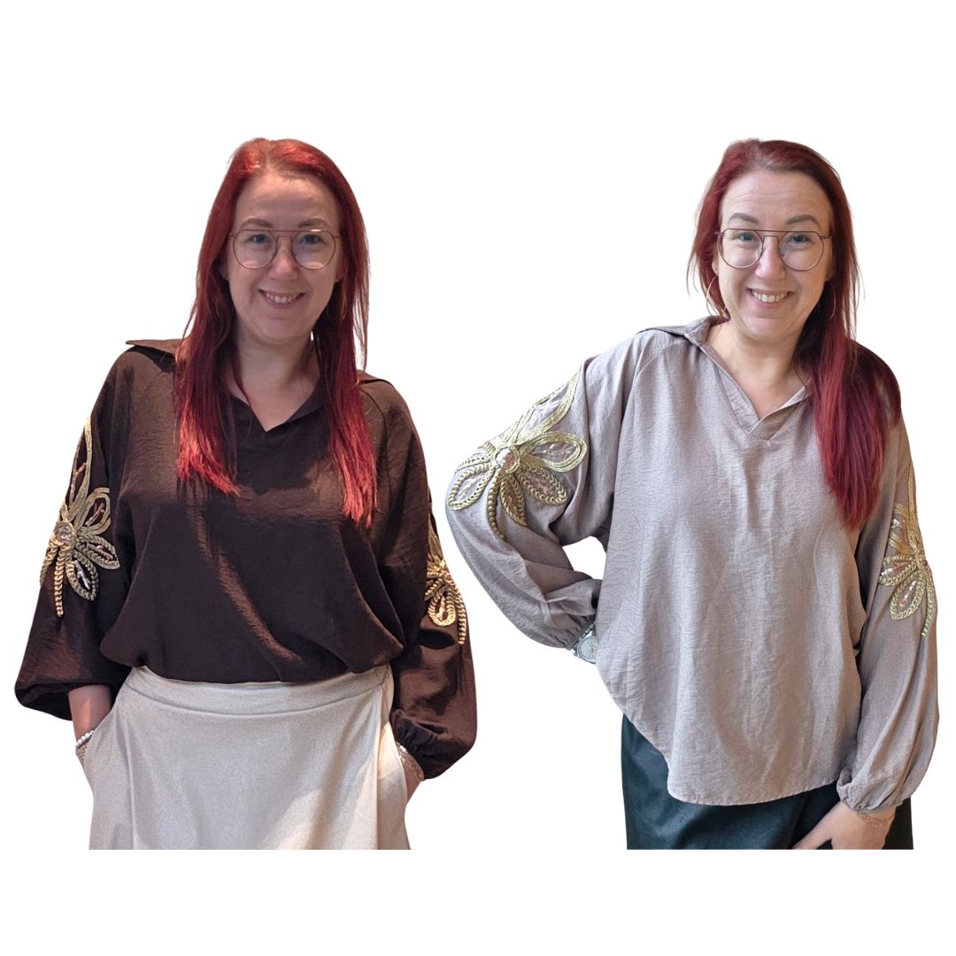 Blouse Ezra - goud borduursel en pailletten op mouw Blouse Ezra - goud borduursel en pailletten op mouw