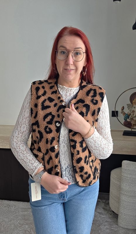 Gilet Kelly - panter bouclé met lederlook afwerking