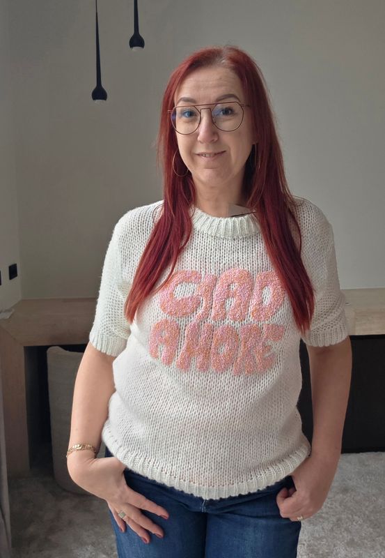 Truitje Claudia - gebreid met teddy Ciao Amore opdruk Truitje Claudia - gebreid met teddy Ciao Amore opdruk