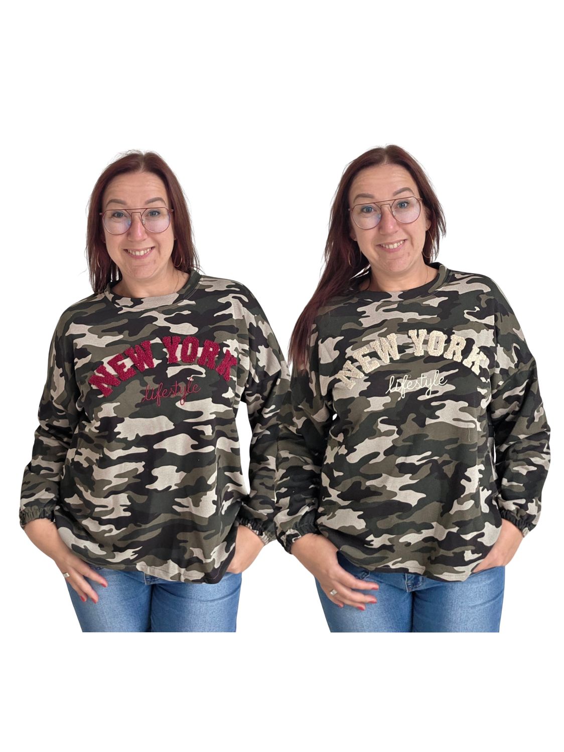 Sweater Oumi - Army print met New York opdruk in teddy Sweater Oumi - Army print met New York opdruk in teddy