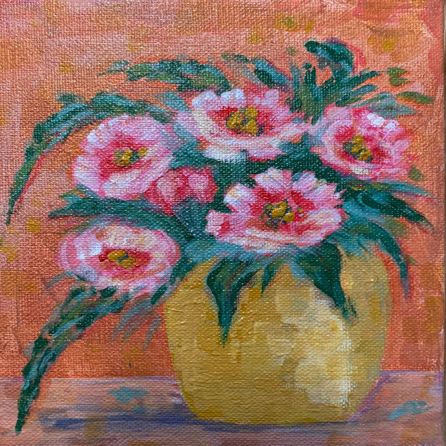 Peachy Flowers - Original Acrylic Painting - Canvas 6x6in