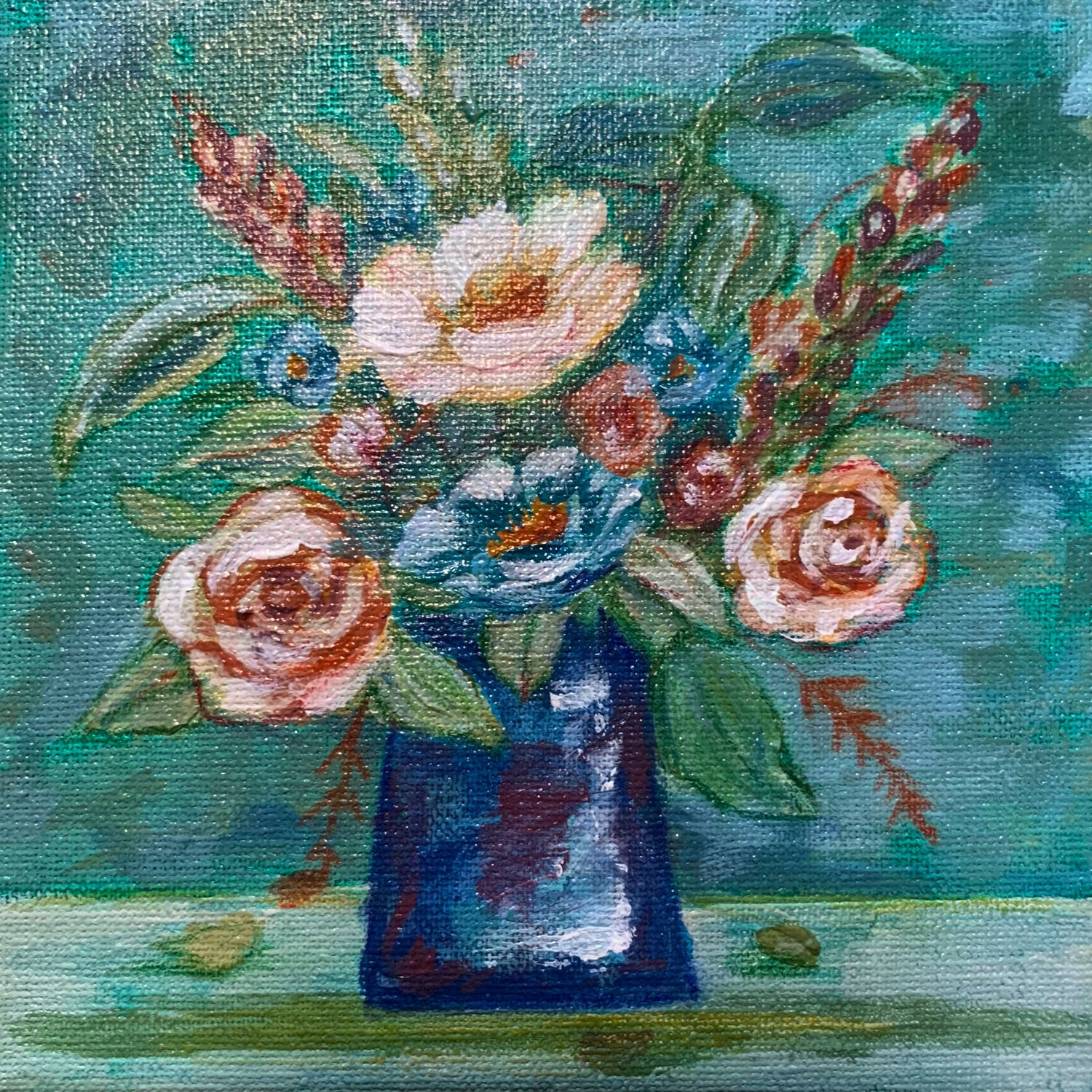 Teal Breeze Flowers - Original Acrylic Painting - Canvas 6x6in