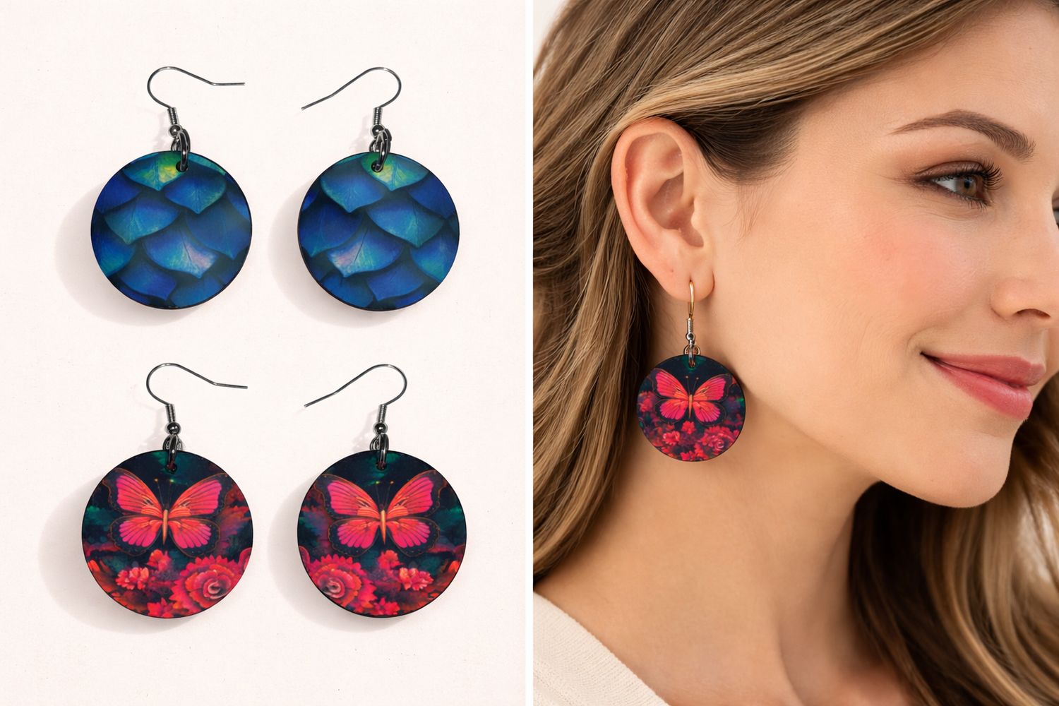 Double-Sided Round Earrings – Butterfly &amp; Ocean Design