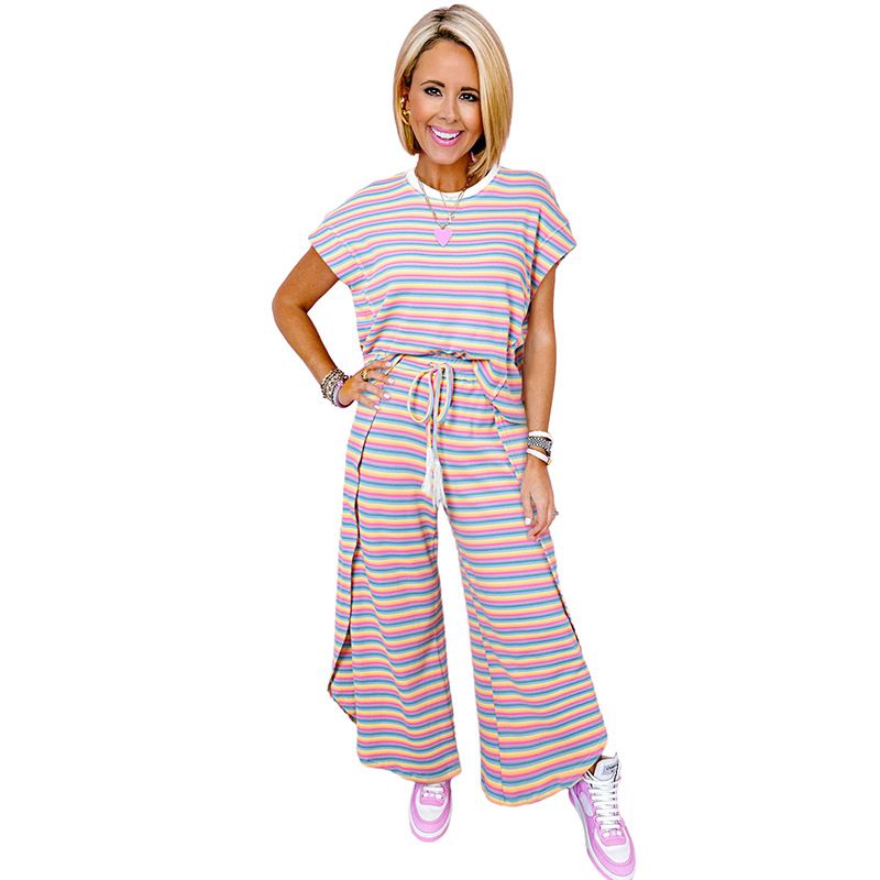 2024 Summer New Short-sleeved T-shirt Wide-leg Pants Two-piece Set Women&amp;#039;s European And American Casual Striped Printed Home Clothes Set, Size: S, Color: Lc626108-pink