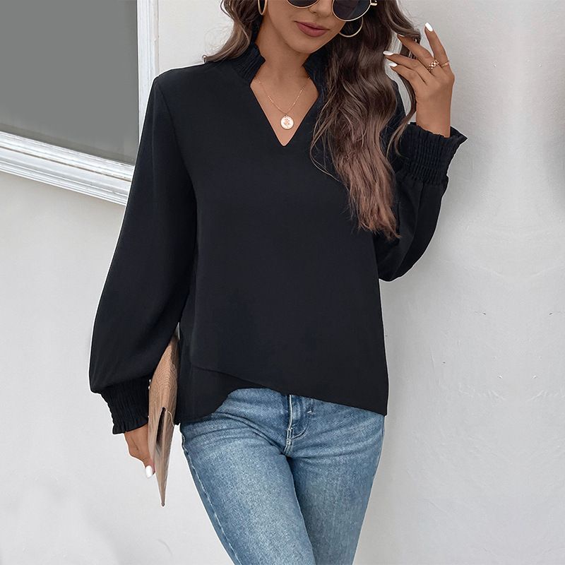 Women&amp;#039;s Shirts European And American Solid Color V-neck Women&amp;#039;s Shirts, Size: S, Color: Black