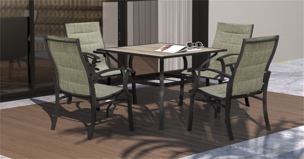 Outdoor Patio Dining Table Square Metal Table with Umbrella Hole and Wood-Look Tabletop for Porch,Garden,Backyard,Balcony(1 Table), Options: Beige+Metal