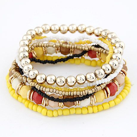 Ethnic Style Bracelets Bohemian Multi-layer Rice Bead Bracelets Mixed Color Elastic Rope Bracelets Women, Color: Yellow