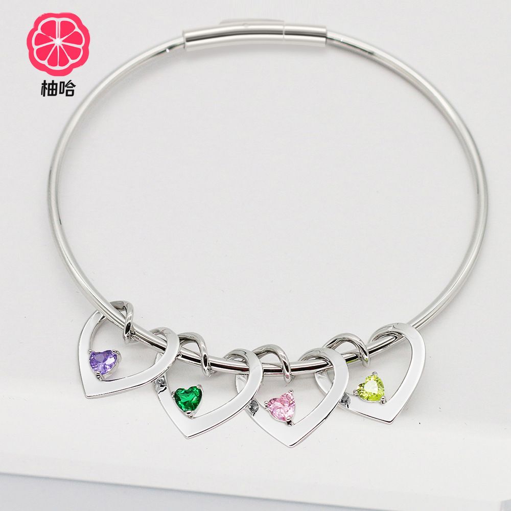 12-color Birthstone Curved Love Bracelets With Engraved Diy Name, Purity: 1 engraved heart, Color: Silver [with engraving]