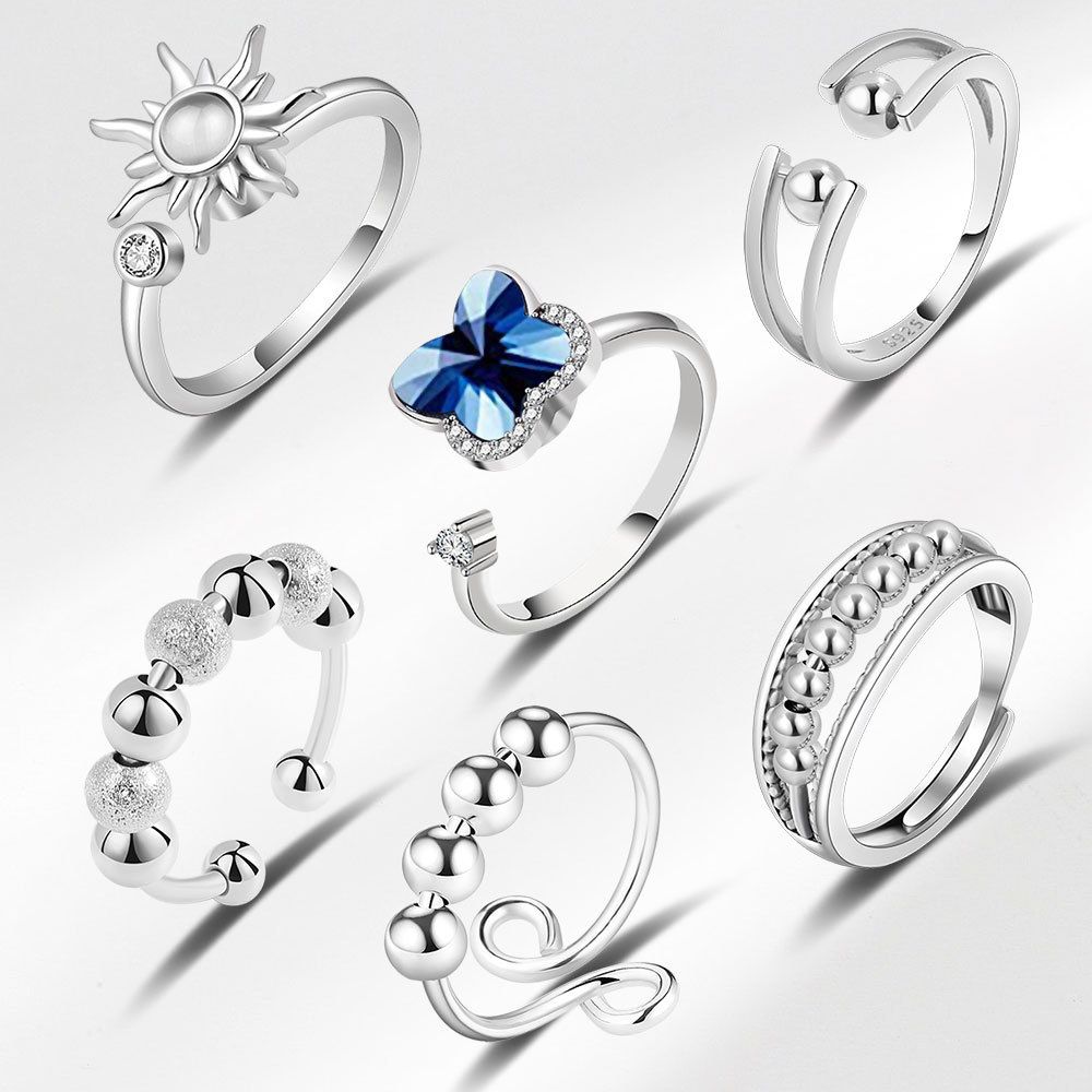 Adjustable Rotation Fidget Rings Set - Stackable Moon &amp; Star Anxiety Relief Rings, Color: aj098aj109aj041aj113nj247), Size: 6-piece set (white gold aj116