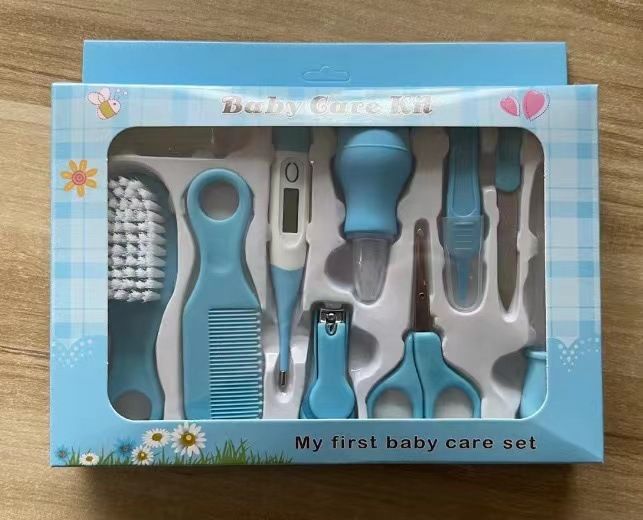 Baby Brush Comb Nasal Aspirator Set Thermometer Tool Care Ten-piece Set, Color Classification: Oldversion blue 10-piece set