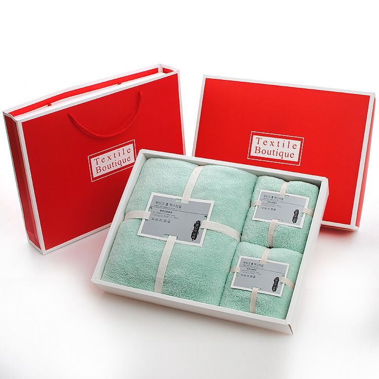 Towel Bath Towel Gift Box Three-piece Set, Color: Coral fleece green, Specification (length*width cm): 2 towels