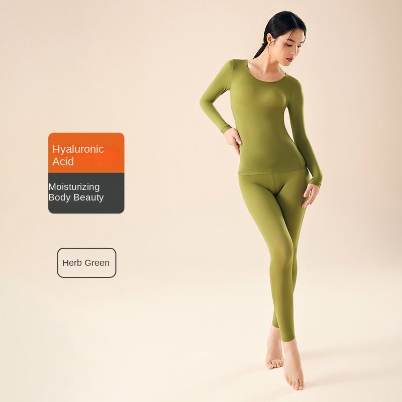 Hyaluronic Acid Moisturizing Warm Long-sleeved Trousers Fever Skin Beauty Mask Autumn Clothes Long Johns High Elastic Base Warm Suit Women, Color: Herbal Green【Set】, Size: L（90—130catty）
