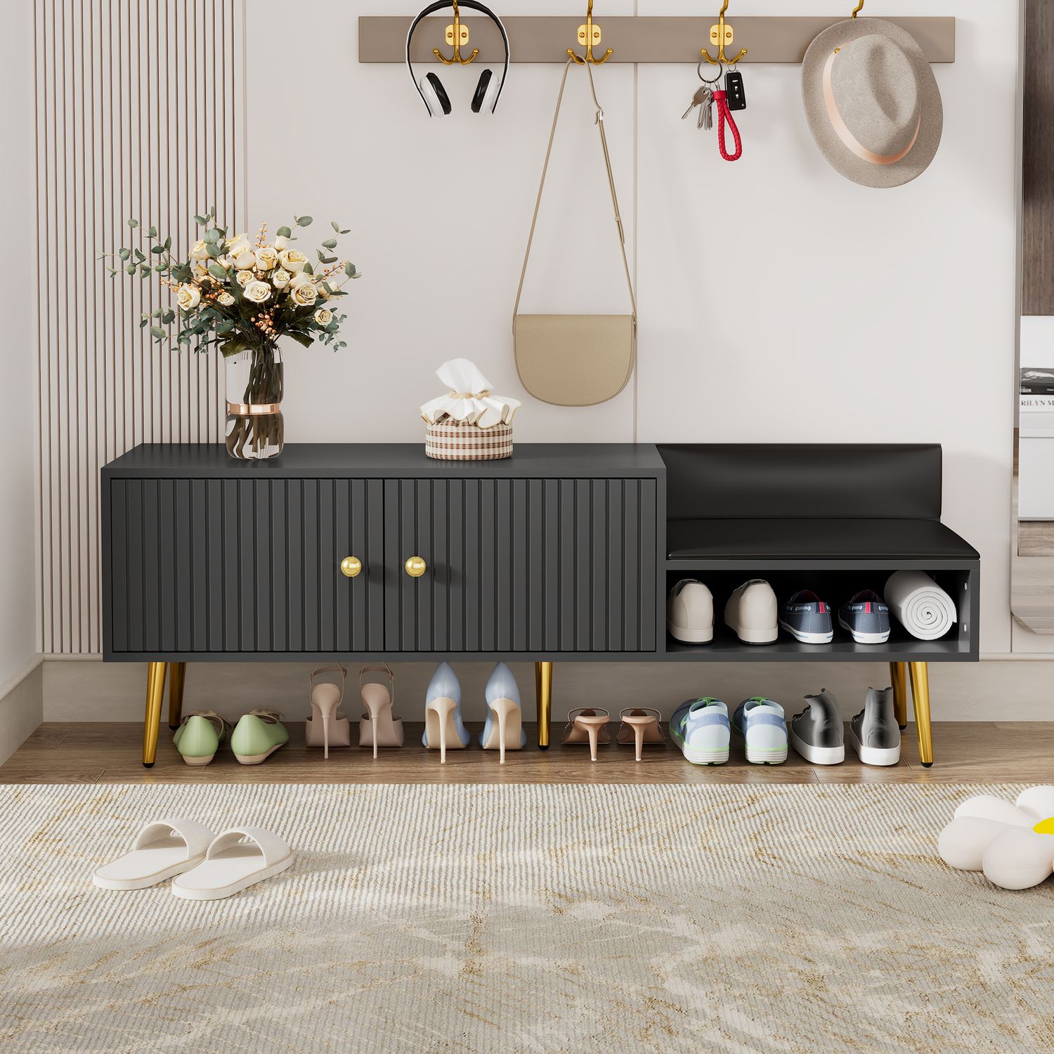 TREXM Modern Shoe Storage Bench with Hidden Storage and Upholstered Cushions for Bedside, Living Room and Entryway (Gray), Options: Gray+MDF+Metal