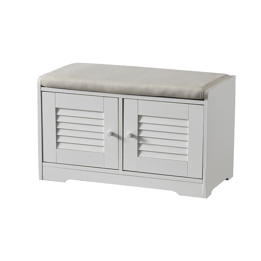 &quot;28.74&quot; Shoe Storage Bench with 2-Door Cabinet - White Entryway Bench with Cushion and Adjustable Shelves, Options: Ancient White+Particle Board+MDF