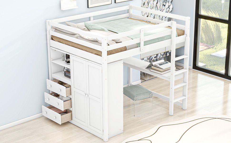 Wood Full Size Loft Bed with Built-in Wardrobe, Desk, Storage Shelves and Drawers, Gray, Options: Box Spring Not Required+Full+White+Wood+Bedroom+Bed Frame+Solid Wood+MDF