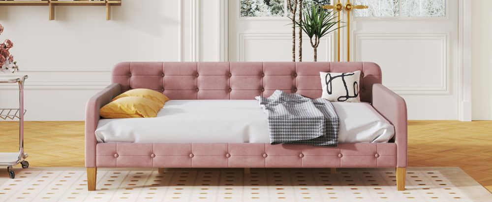 Twin Size Upholstered Daybed with 4 Support Legs, White, Options: Full+Pink+Upholstered